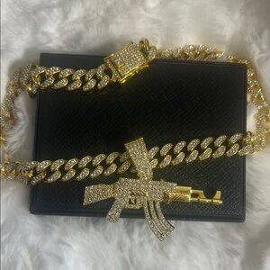 Gold Cuban Chain Necklace with Pave AK-47 Pendant
